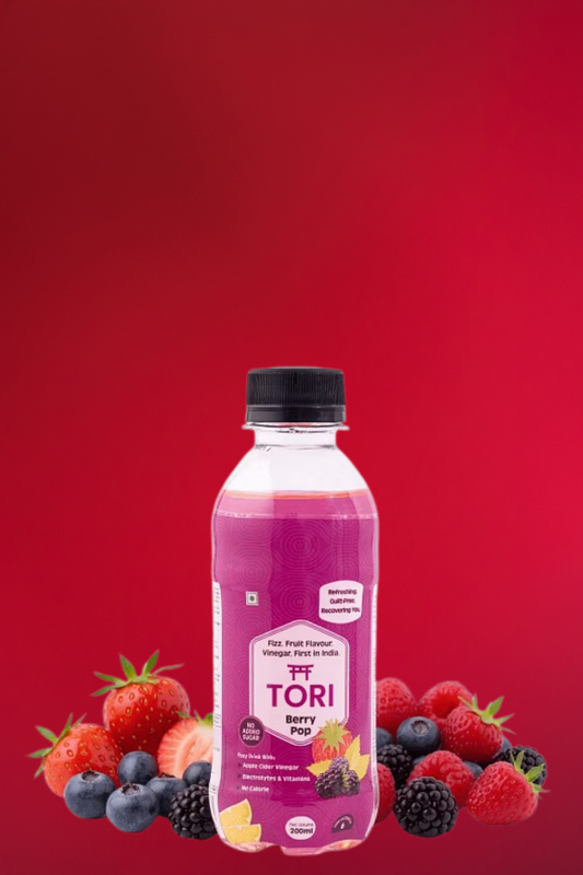 Tori Apple Cider Vinegar Sparkling Water – Berry Pop | Low-Calorie, Guilt-Free Refreshment with Vitamins & Electrolytes | 200ml | Pack of 12